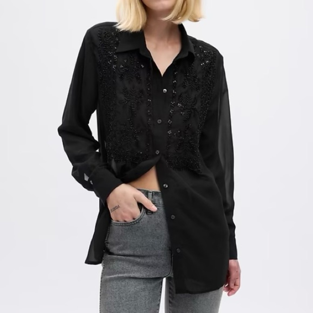 GAP Black Boyfriend Embroidered Beaded Women's Shirt
